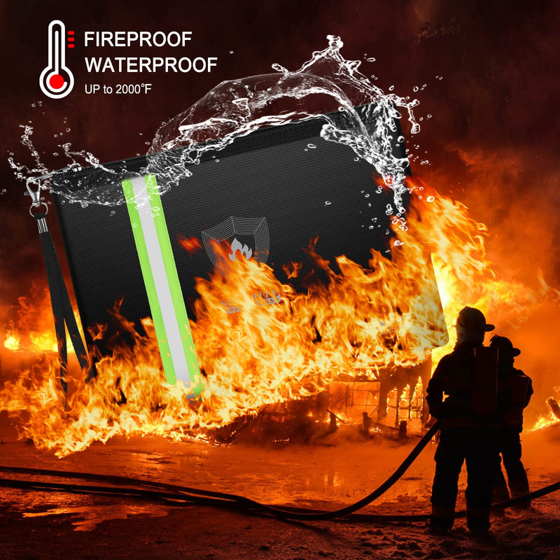 Fireproof Document Bag (13.3”x 9.4”) with Reflective Strip, NAIBAOSD Fireproof Money Bag(10.8”x 6.8”) with Metal Zipper & Strap Fireproof Bag for Documents, Cash,Passport, Valuables BLACK