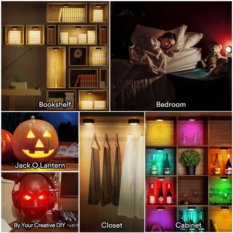 LED Puck Lights with Remote Control, Battery Operated Wireless Closet Lights, Under Cabinet Lighting Stick on Tap Push Lights, Color Changing Under Counter Lights for Kitchen, 6 Pack - Black