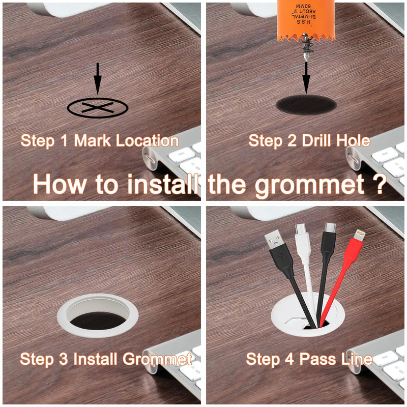 Desk Grommet 2 inch with Hole Saw, Desk Cord Hole Cover Grommet for Cables, 2 PCS, White