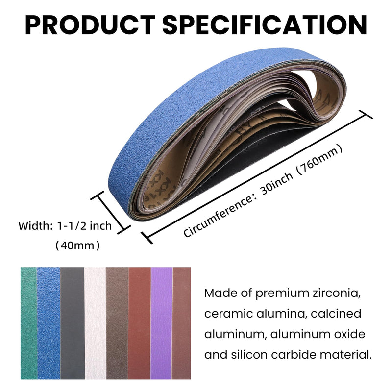 1-1/2 x 30 Sanding Belt Kit, 16 Pack 1.5 x30 Inch Polishing Belts 40-1000 Grit, Pipe Tube Polisher Sander Belts for Metalworking, Weld Removal