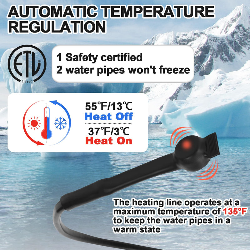 12FT Self-Regulating Pipe Heating Cable with Thermostat,Heat Tape for Water Pipe Freeze Protection,Pipe Heating Trace System for Home Supply Pipes,120V 12 ft