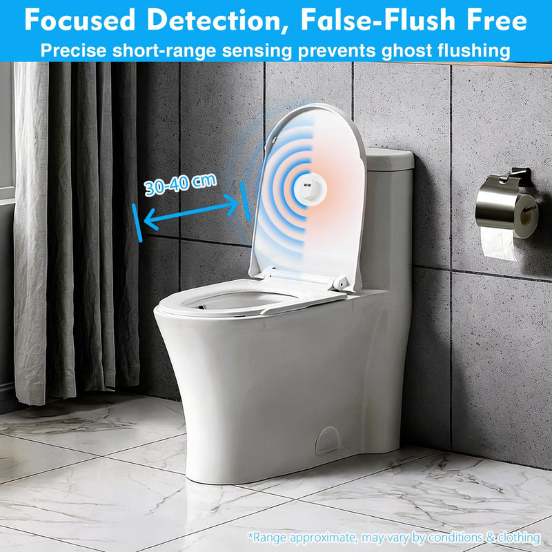 Automatic Toilet Flusher for Side, Front & Angled Mount Flapper Toilets | Touchless toilet flush kit with 12-16 in infrared sensing and rechargeable power while keeping the manual handle functional.