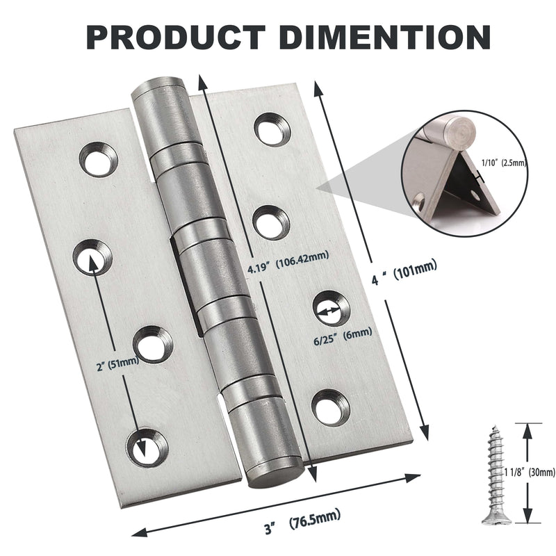 TOGU 2-PCS Brushed Nickel Door Hinges 4" x 3" Made of 2.5mm 304 Stainless Steel. Heavy Duty Hinges Work as Exterior Door Hinges for Bedroom, School, Apartment, Office 2 Pack