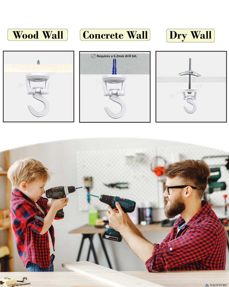 Swivel Swag Hooks for Ceiling Hanging - Ceiling Hooks for Hanging Plants - Ceiling Hangers Heavy Duty for Hanging Light - Zinc Bolt Hook Installation for Cavity Wall Fixing (White 4 Pack)