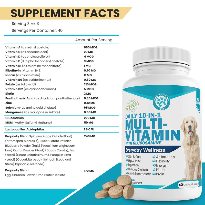 Wanderfound Pets 10-in-1 Dog Multivitamin, Chewable Dog Vitamins with Glucosamine, D3, and MSM, Dog Health Supplies for Immune System and Joint Health, Liver Flavor, 60 Tablets - PawsPlanet Australia
