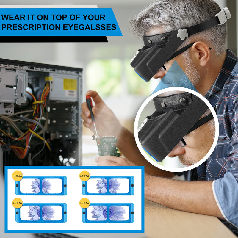 Headband Magnifier with LED Light, Rechargeable Head Mount Magnifier 1.5X to 3.5X, Opitcal Magnifying Glass with Lens, Jewelers Optivisor Hobbies Visor Manifying Glasses for Close Work New-blue