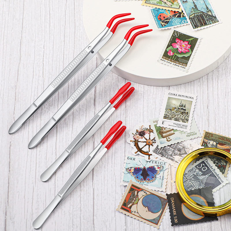 2 Pieces Bent Tip Tweezers with Rubber Tips PVC Coated and 2 Pieces Tweezers Rubber Coated PVC Soft Non Marring Flat Tips Lab Hobby Jewelry Craft Stainless Steel Tool(Red) Red