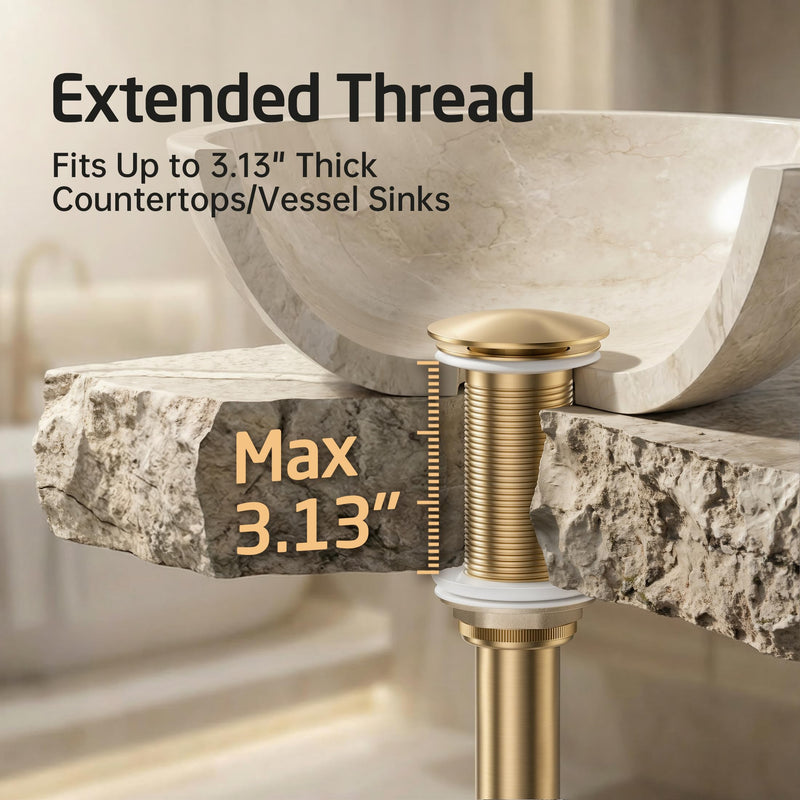 KES All-Metal Pop Up Bathroom Sink Drain, Extended Thread for Thicker Vessel Sinks & Countertops, Durable Brass & Stainless Steel, No Overflow, Brushed Gold, S2022D-BZ NO Overflow, Long Thread