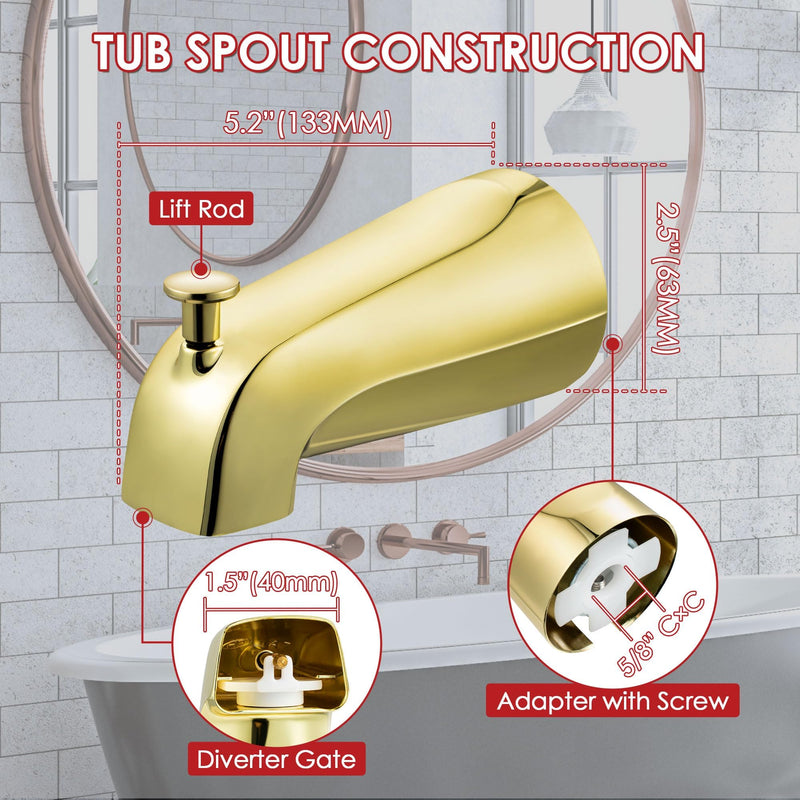 Enhon Tub Spout with Diverter, Slip-Fit Bathtub Faucet Spout Replacement, 1/2 Copper Pipe Connection, Easy to Install, Universal for Bathroom Shower(Polished Brass,1 Pack) Polished Brass