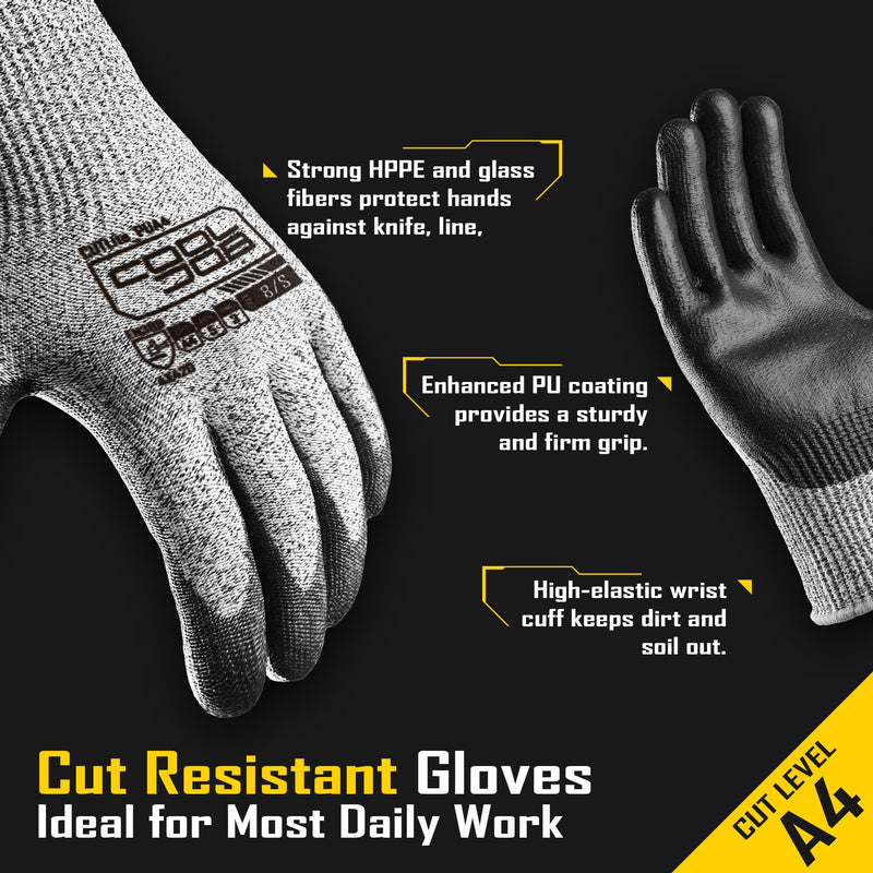 COOLJOB 12/120 Pairs Cut Resistant Safety Work Gloves with Grip, 13 Gauge Seamless Shell with PU Coating, ANSI A2 A4 A6, Gray Large (Pack of 12) Ansi A4 Cut Level