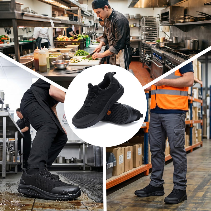 Work Shoes for Men and Women, Non-Slip Oil-Resistant Kitchen Shoes, Hands-Free Slip-On Arch Support Chef Food Service Sneakers, Breathable Lightweight Black Standing All Day Safety Shoes 11.5 Wide Women/9.5 Wide Men