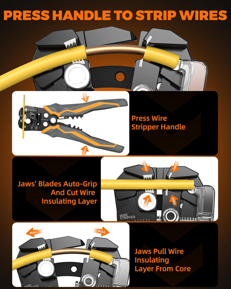 3-In-1 Self Adjusting Wire Stripper, Stripper/Cutter/Crimping Automatic Wire Stripper, 8 Inch Wire Stripper Tool for 10-24 AWG, Comes with Replaceable Stainless Steel Blades & Springs ‎TLD02001