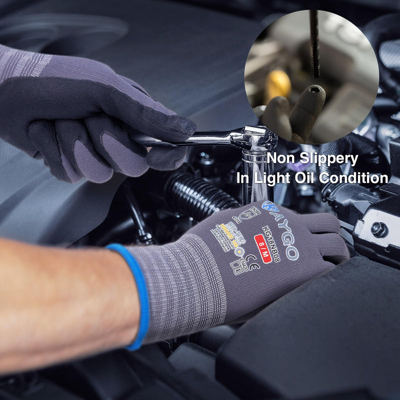 KAYGO Safety Work Gloves MicroFoam Nitrile Coated, 3 Pairs KG18NB,Seamless Knit Nylon Glove for Men and Women, Ideal for Automotive,Warehouse,Construction (Large,Gray) Grey Large (Pack of 3)
