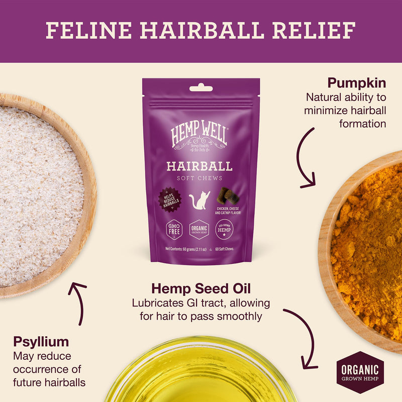 Hemp Well Cat Hairball Soft Chews for Cats, Hairball Control & Digestive Support, Organic Hemp Seed Powder, Pumpkin Seed & Psyllium Fiber, Skin & Coat Support, Chicken Cheese & Catnip Flavor, 60 Ct 2.11 Ounce (Pack of 1)