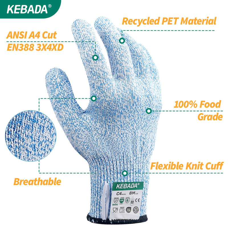 Kebada Cut Resistant Gloves, 100% Food Grade Cutting Gloves, ANSI A4 Level 5 Protection Anti Cut, Glass-Free and Steel-Free, Model C4, 6 Pairs, Large 9/Large Blue(6 Pairs)