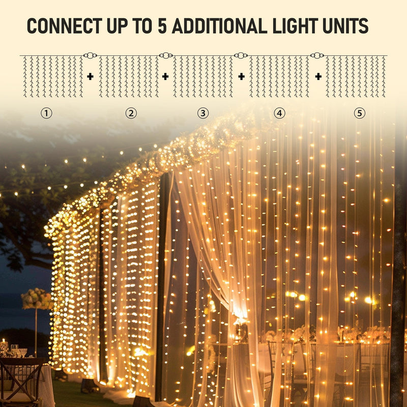 Dazzle Bright 300 LED Curtain String Lights, Christmas Fairy Lights for Bedroom with 8 Lighting Modes, Connectable Waterproof Window Lights Party Wedding Garden Wall Decor, Warm White
