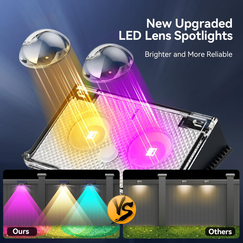 TECKNET Solar Fence Lights Outdoor 12 Pack, Warm White & 6 Colors & RGB, IP66 Waterproof LED Deck Light, Dusk to Dawn Fence Lights Solar for Wall, Railing, Step, Patio, Pool, Backyard, Outside 3000K/Color Changing