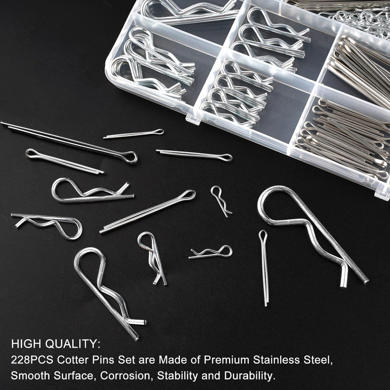 228PCS Cotter Pins Assortment, Hardware Pins, Lock Pin, Split Pins, Retaining Pins R Clips, Stainless Steel Heavy Duty Straight & R Cotter Pins Set for Use On Hitch Pin Lock Systems