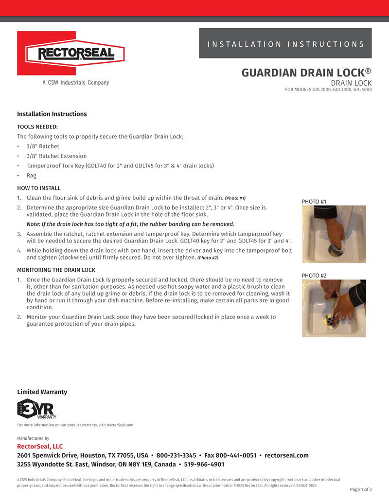 RectorSeal Guardian Drain Lock GDL2000 Commercial Floor Sink Locking Strainer, 2 Inch