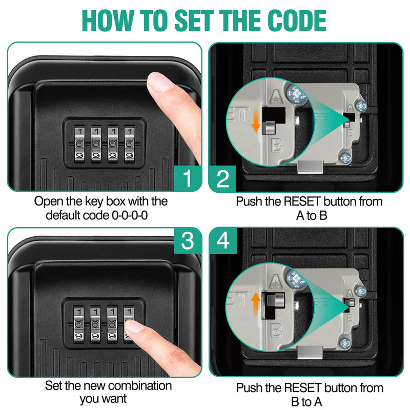 HUANLANG Key Lockbox for Outside,Spare Key Lock Box for Door Handle Waterproof 4 Digit Combination Resettable Code,Upgraded Large Capacity Heavy Duty Lockbox for House Keys, Car Keys, ID Cards Hang Ring-Black