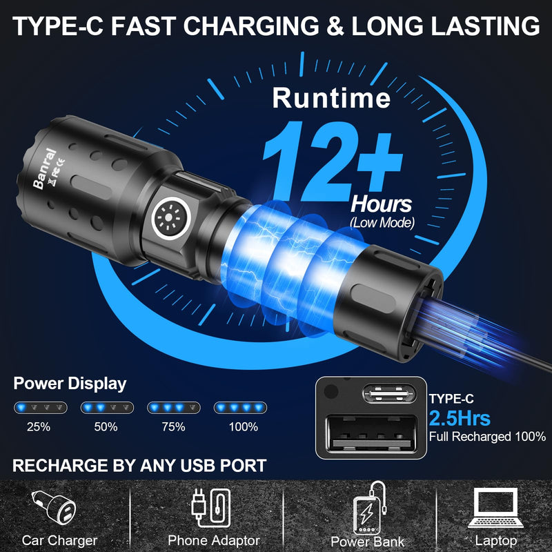 Rechargeable Flashlights 20,000 High Lumens, 1500M Long Throw Super Bright LED Small Powerful Tactical Flashlight with Memory Function, 6Modes Pocket Waterproof Flash Light for Camping,Emergency Black 2