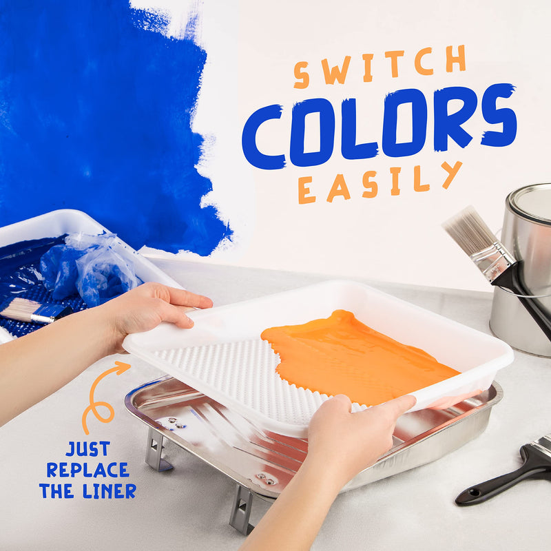 Paint Tray and Liner Set, Set Includes 9" Reusable Metal Pans Tray & 10 Pack of 9" White Plastic Paint Liners, Paint Roller Trays, Set for Household or Construction Use