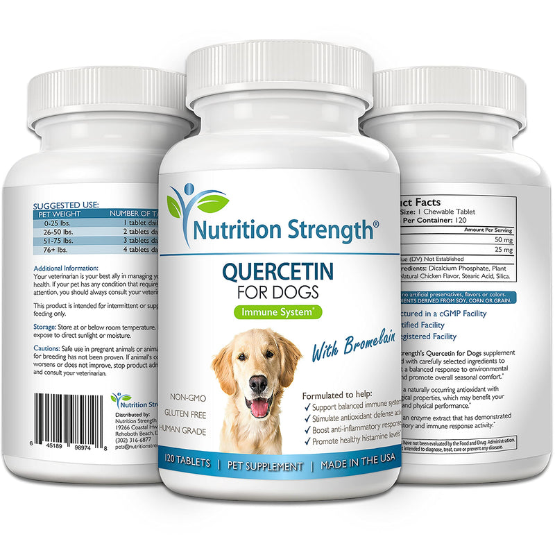 Nutrition Strength Quercetin for Dogs with Bromelain to Support Balanced Immune System, Promote Inflammatory Relief & Antioxidant Activity, Quercetin for Dog Allergies, 120 Chewable Tablets - PawsPlanet Australia
