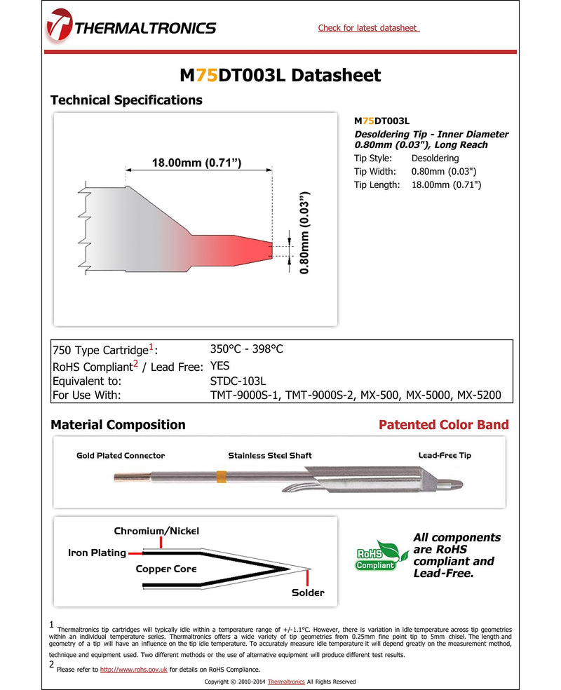 Thermaltronics M75DT003L Desoldering Tip - Inner Diameter 0.80mm (0.03in), Long Reach interchangeable for Metcal STDC-703L