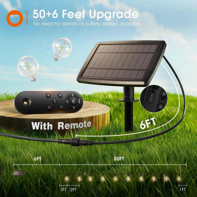 addlon 56FT(50+6) Solar String Lights Outdoor with Remote, 27 Shatterproof G40 Bulbs, Solar Powered & USB Charging Patio Lights, Dimmable Waterproof Solar String Lights for Outside, Camping, Backyard 50FT