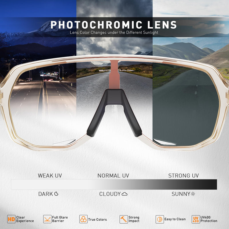 KAPVOE Photochromic Cycling Glasses for Men Women Mountain Bike Sunglasses Sports Goggles UV Protection K63 Red Brown