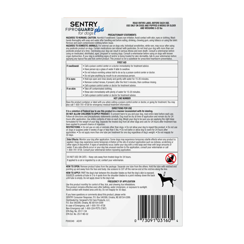 Sentry Fiproguard Plus for Dogs, Flea and Tick Prevention for Dogs (5-22 Pounds), Includes 3 Month Supply of Topical Flea Treatments 5-22 Pounds