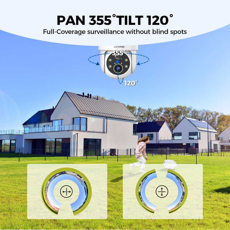 2K 360° View Security Cameras Wireless Outdoor, Solar Cameras for Home Security, Color/IR Illumination Night Vision, AI Detection, 2-Way Audio, Siren Alarm, SD/Cloud Storage, 2.4g WiFi White - 1 Pack