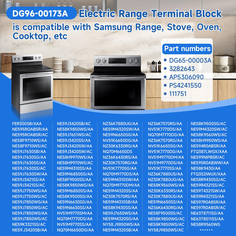 DG96-00173A Range Terminal Block Replacement Compatible with Samsung Electric Range/Stove/Ovens, DG65-00003A Terminal Block Replace AP5306090 3282643 WB17T10011, 600V 65A 3 Positions Dual Row