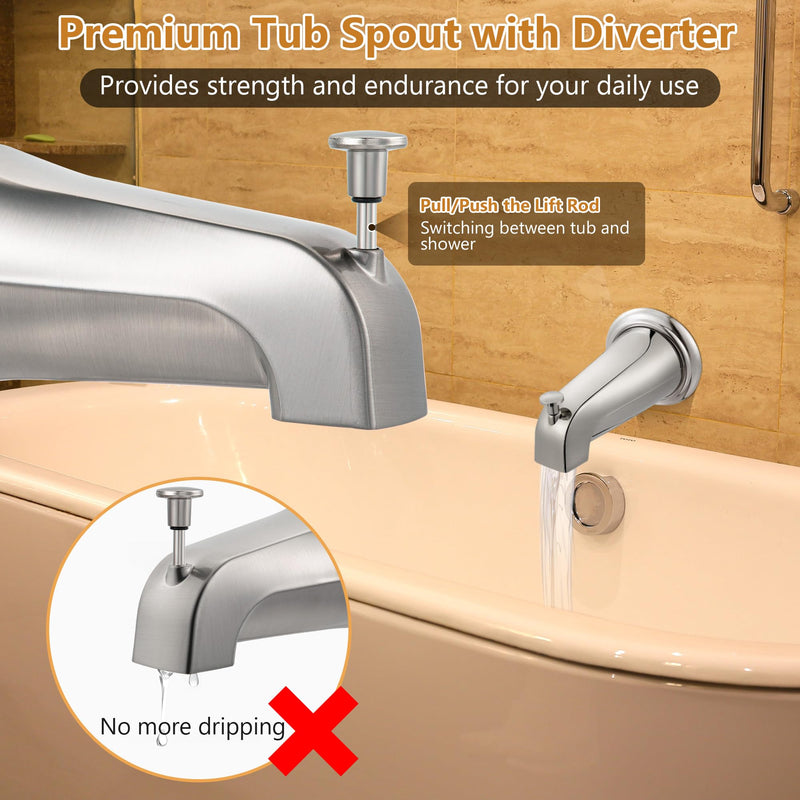 Dreyoo Tub Spout with Diverter, Tub Spout (Universal Fits 1/2 Copper Pipe, 1/2 IPS and 3/4 IPS), Bathroom Bathtub Faucet with Adapters and Hex Wrench (Brushed Nickel,Simple) Brushed Nickel Simple
