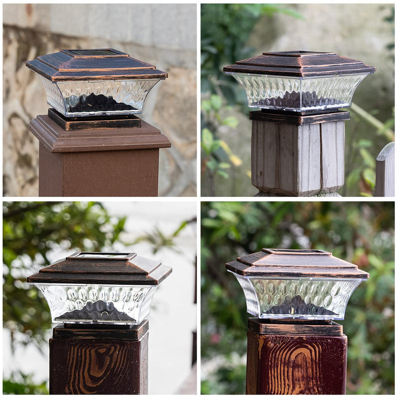 HUYIENO Solar Post Cap Lights Outdoor LED Lighting Deck Fence Cap Light Two Light Modes Warm White/Bright White Suitable for 4x4 Wooden Posts Brushed Copper 2PK