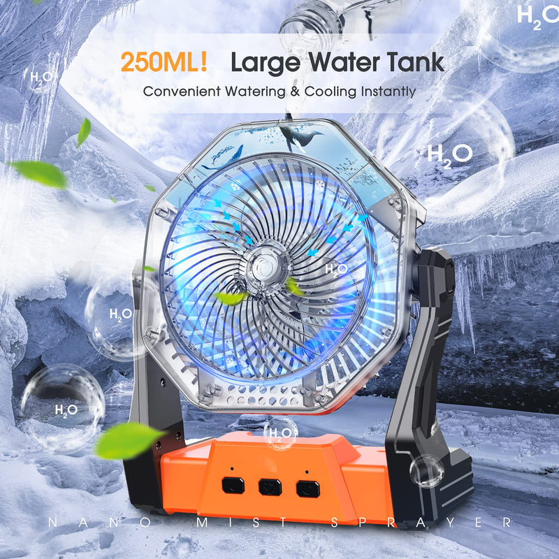 Ausic Portable Misting Camping Fans, [Max 35H Runtime] Outdoor Cooling Fan for Patios, 8 Inch Battery Operated Rechargeable Fans, Water Spray Fan with LED Light, Travel Beach Camp Essential 8-35Hrs Runtime Orange