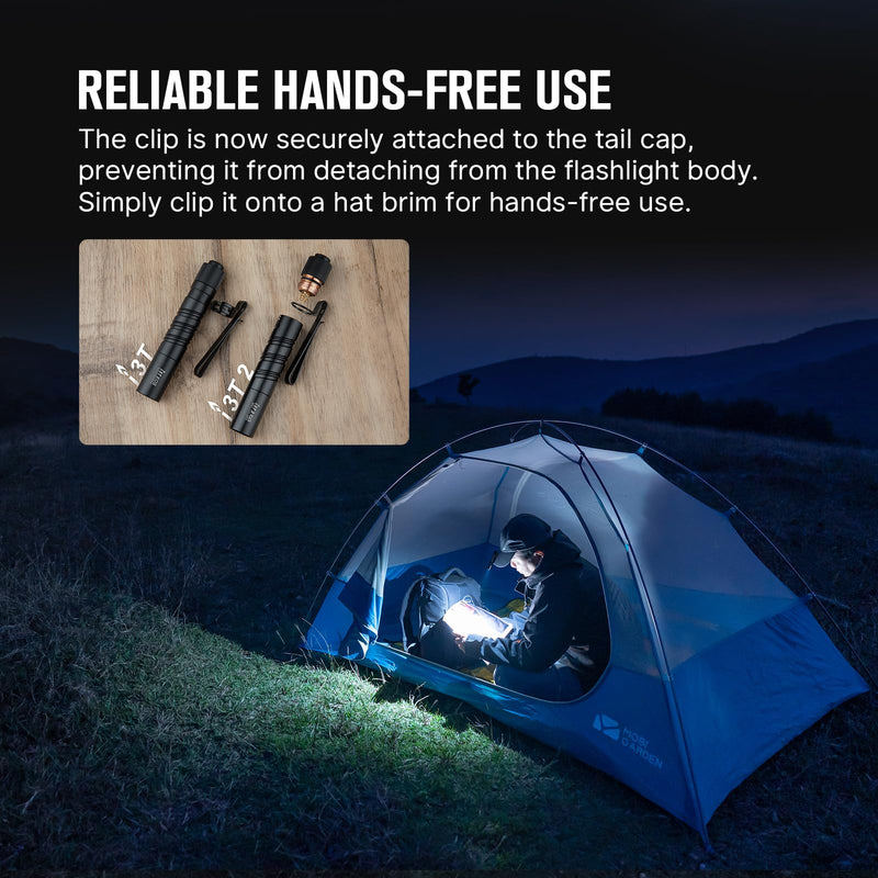 OLIGHT I3T 2 EOS Pocket EDC Flashlight, 200 Lumens Compact Bright Handheld Flash Lights, Dual-Output Tail Switch with AAA Battery and Two-Way Pocket Clip for Camping and Hiking (Black) Standard Edition Black