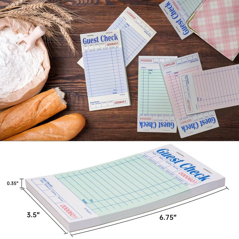 Guest Checks Note Pads - 6 Pack, 300 Sheets, Thick Paper, 3 Assorted Colors, 3.5'' x 6.75'' (EP-3632-1)