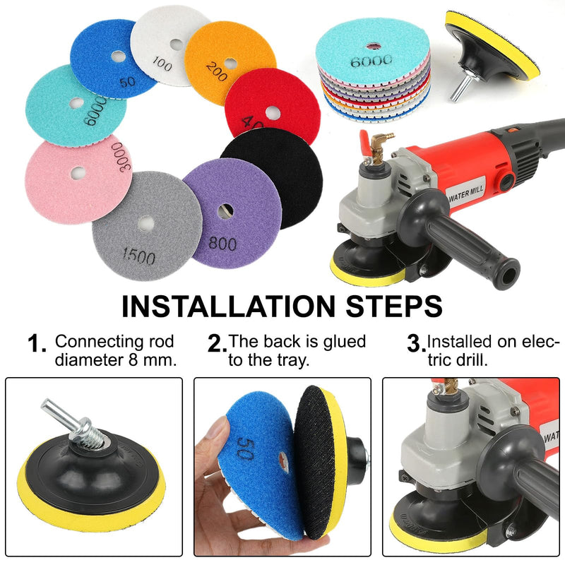 11 Packs 4 Inch Diamond Concrete Polishing Kit, 50-6000 Grit Wet/Dry Diamond Polishing Pad with Wool Disc, 5/8’’-11 Backer Pad and Drill Adapter for Granite Marble Concrete Stone Tile Polish