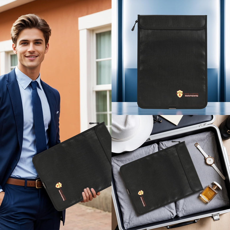 2 Pcs Fireproof Waterproof Document Bag(2000℉) – Fire & Waterproof Money Pouchfor for Cash w/Zipper – Safe Storage for A4/A5 Documents Holder, File, Cash, Jewelry, Passport, Tablet, Laptop Black 1 15 x 11 inch + 5 x 8 inch