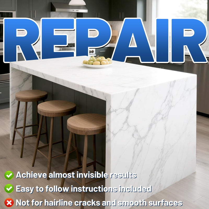 Quartz Countertop Repair Kit 1.7fl.oz / 50ml - 30s Fast Curing DIY Fix Quartz Chip Repair Kit for Cracks Holes & Scratches on Granite Marble Acrylic Fiberglass Porcelain & Corian Surfaces (White)