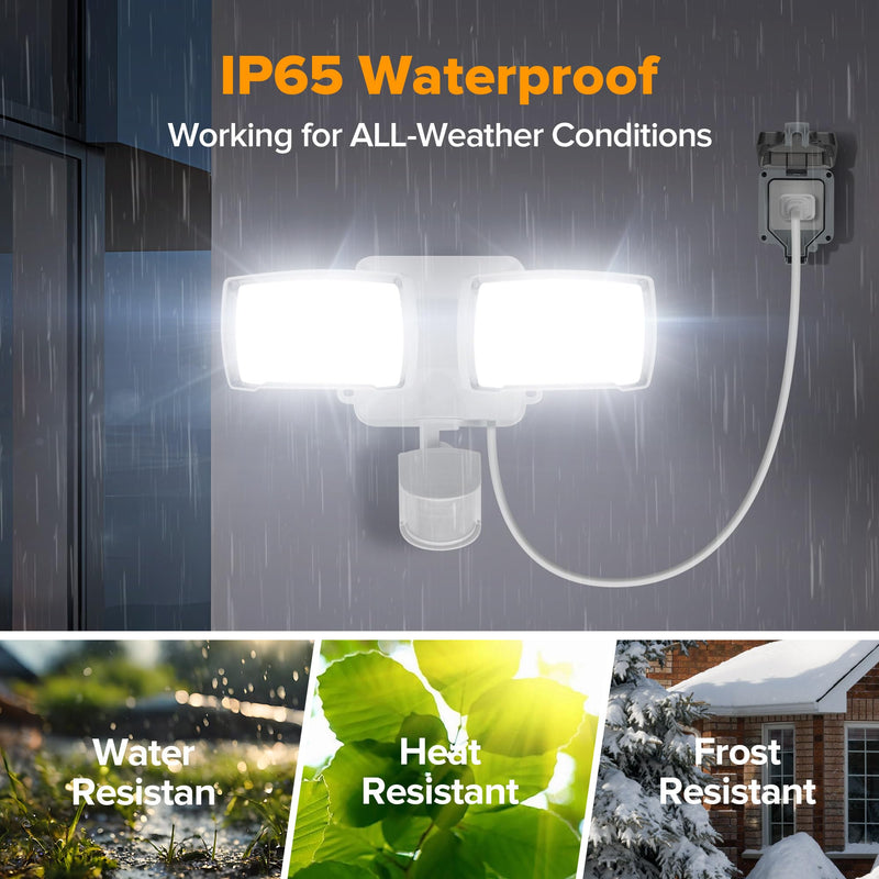 LUTEC 21W Plug in Motion Sensor Light Outdoor, Flood Lights Outdoor Motion Sensor,2500LM, 5000K Daylight,IP65 Waterproof,Adjustable 2 Heads Wall Light for Garage, Porch, Yard - White 1 Pack