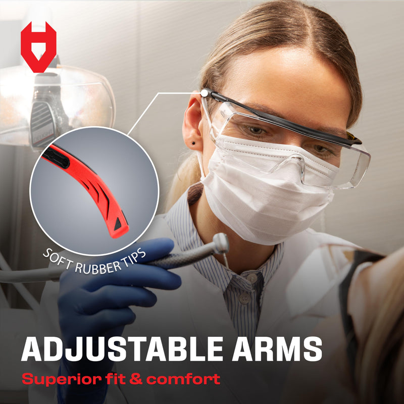 NoCry Safety Glasses Over Eyeglasses for Men and Women with Anti Scratch Lenses and Integrated Side Shields — Adjustable Temples with Anti-Slip Tips — 100% UV Protective Eyewear — ANSI Z87 Certified Black & Red Anti-Scratch