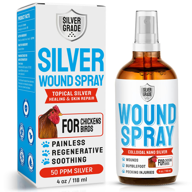 SILVER GRADE Wound Spray for Chicken – Birds & Chicken Antibiotics Alternative to Help with Pecking Sores, Bumblefoot, Cuts – Poultry Spray with Silver – GMOs Free – 4-Oz Bottle 4 Fl Oz