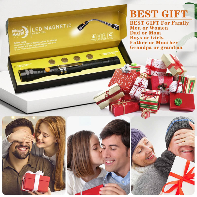 Magnetic Pickup Tool with 3 LED Lights, Telescoping Magnet Flashlight, Gifts Idea & Valentines Day Gifts for Men, Dad, Father, Handyman, Husband, Boyfriend or Women, Black Black Magnetic Tool