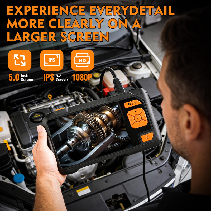 Dual Lens Endoscope Camera with Light, 1080P HD Borescope with 5" IPS Screen, 16.5FT Semi-Rigid Waterproof Inspection Camera, Snake Camera with Light & 32GB Card for Mechanic Tools & Plumbing