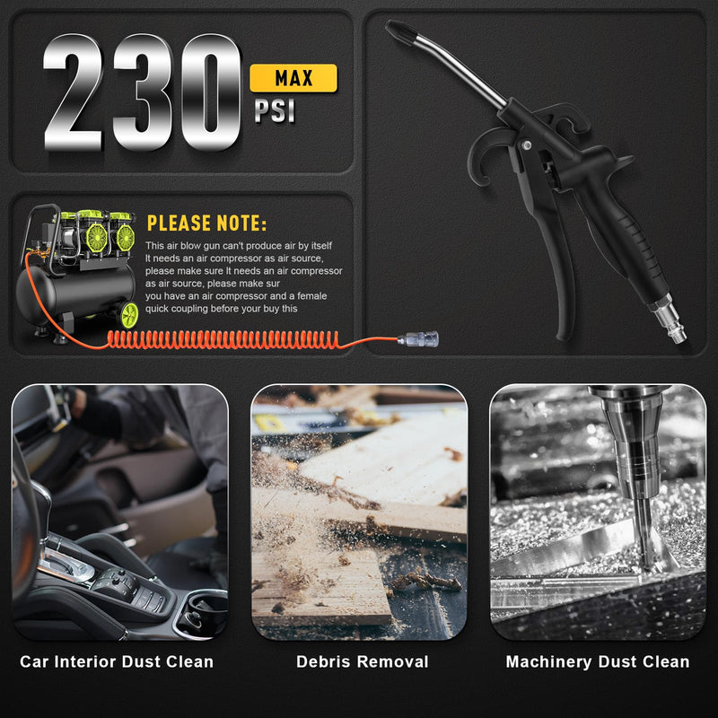 High Volume Air Blow Gun with Rubber Guard Air Flow Nozzle, Industrial Household Air Blower Gun Angle Bent Jet Nozzle, Air Gun for Compressor Pneumatic Tool for Dust Cleaning Car Detailing