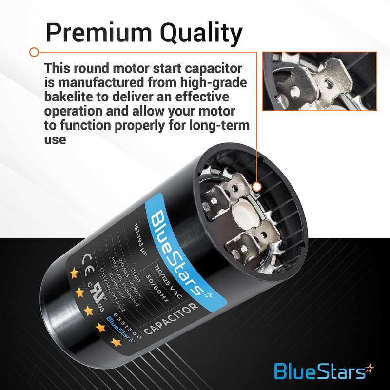 2 Packs 161-193 uf/MFD 125 VAC ±20% 50/60 Hz CD60 Round Motor Well Pump Start Capacitor Replacement Part by BlueStars - Exact Fit for Central Air-Conditioners, Heat Pumps, Condenser Fan Motors 161-193 MFD PO2 110-125 VAC