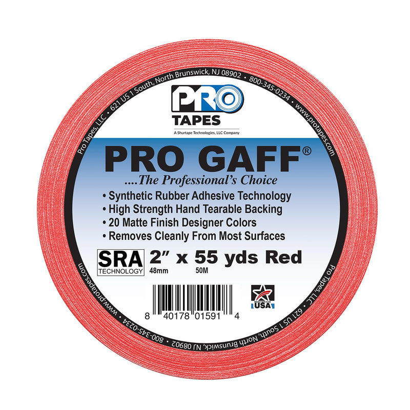 ProTapes Pro Gaff Premium Matte Cloth Gaffer's Tape With Rubber Adhesive, 11 mils Thick, 55 yds Length, 2" Width, Red (Pack of 1)