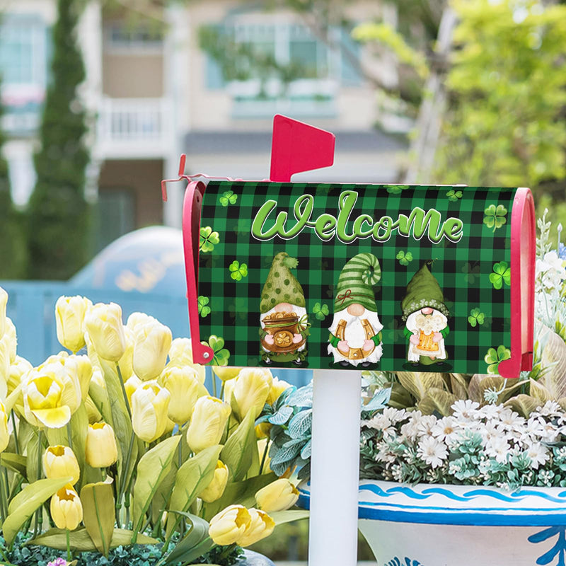 St Patricks Day Gnomes Mailbox Covers Magnetic Green Buffalo Plaid Checkered Magnetic Mailbox Covers Standard Size 18"X21" Welcome St.Patrick's Day Mailbox Cover Post Wraps for Outside Decoration 18x21 Inch style St Patricks Day Gnome Style